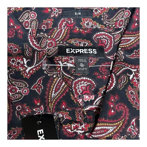 Express Dress Shirt Mens XL Red Paisley Print Slim Fit Button Up NEW Floral Y2K - Picture 4 of 6